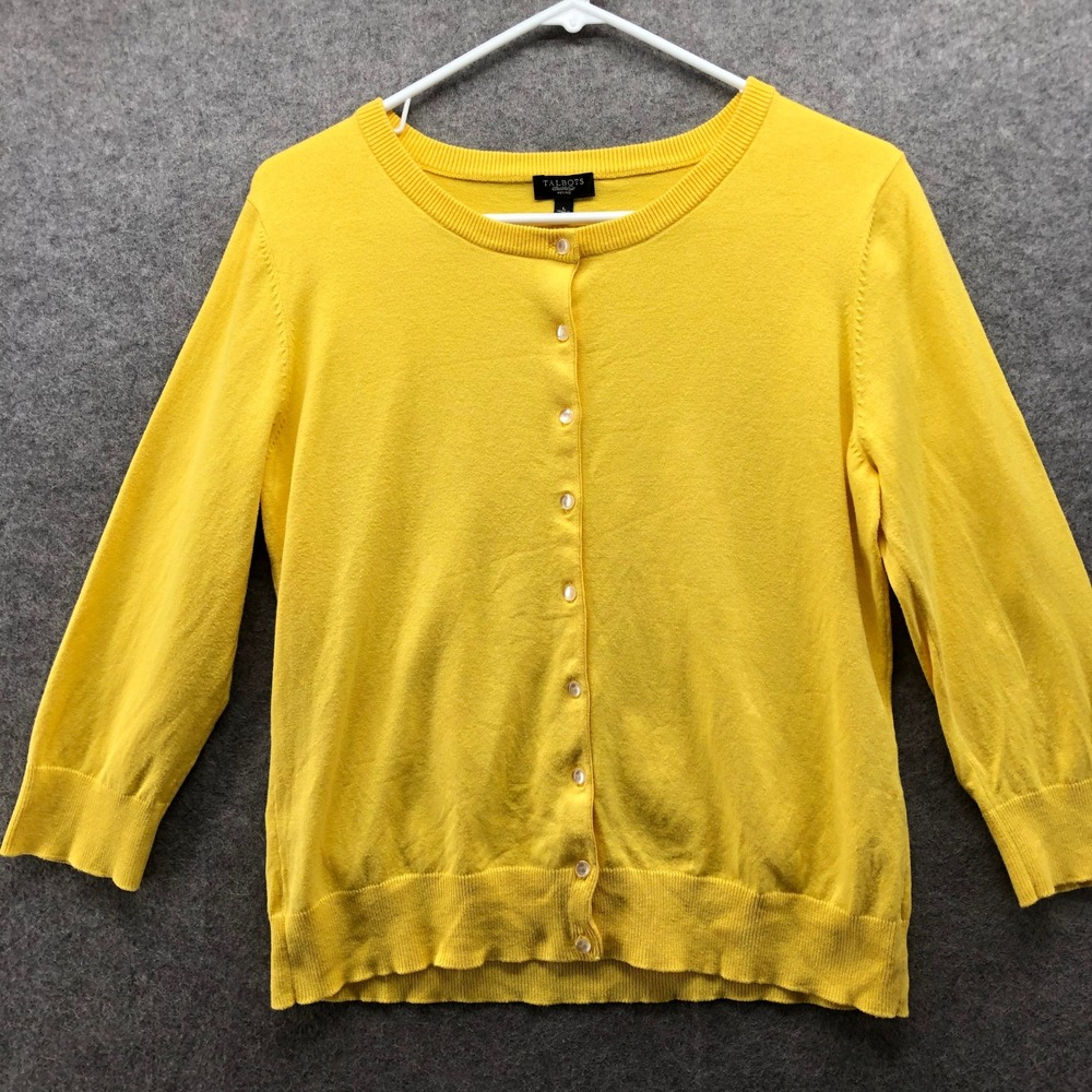 Talbots Cardigan Sweater Womens LP Yellow Cotton Blend 3/4 Sleeve Button Front